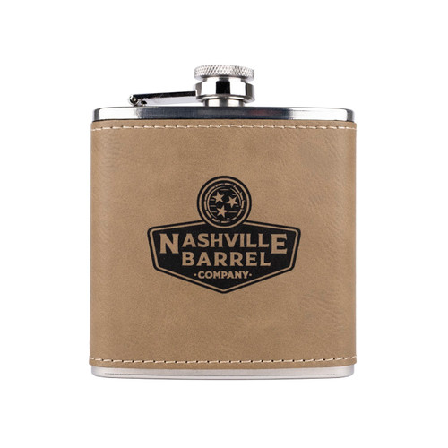 Wholesale engraved 6 oz. Tan Ultrahyde Flask customized with Nashville Barrel Company logo on a white background