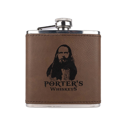 Wholesale engraved 6 oz. Rum Dark Brown Ultrahyde Flask customized with Porters Whiskey logo on a white background