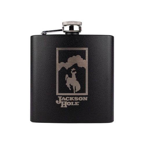 Wholesale engraved 6 oz. Jet Black Powder Coated Flask customized with Jackson Hole Resort logo on a white background