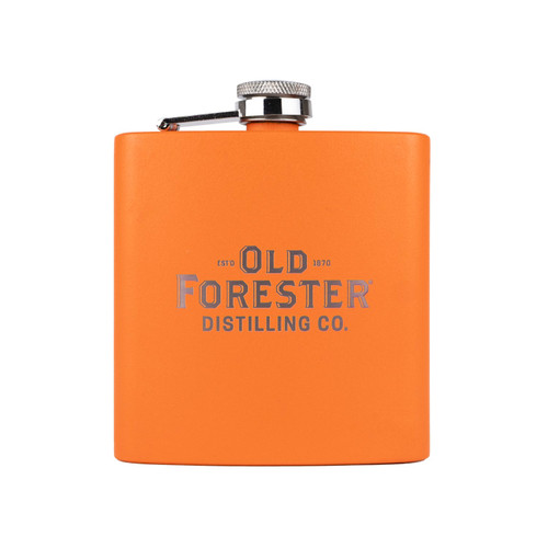 Wholesale engraved 6 oz. Orange Tangerine Flask customized with Old Forester Distilling logo on a white background