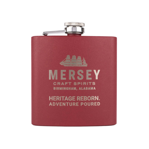 Wholesale engraved 6 oz. Maroon Powder Coated Flask customized with Mersey Craft Spirits logo on a white background