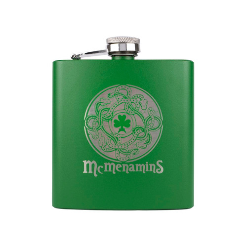 Wholesale engraved 6 oz. Jungle Green Powder Coated Flask customized with McMenamins logo on a white background