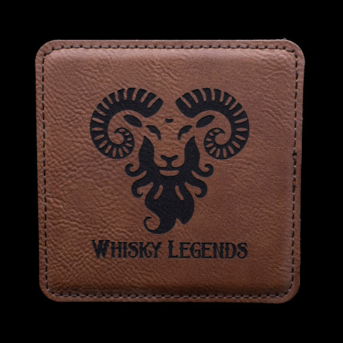 Wholesale engraved Rum Square Coaster customized with Whiskey Legends logo on a black background