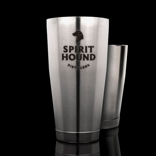 Wholesale engraved Premium Shaking Tin Set customized with Spirit Hound Distillers logo on a black background