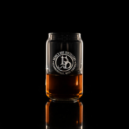 Wholesale engraved 5 oz. Short Can Taster Glass customized with Devils Due Distilling logo on a black background