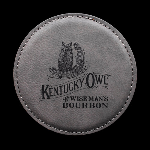 Wholesale engraved Gray Round Coaster customized with Kentucky Owl logo on a black background