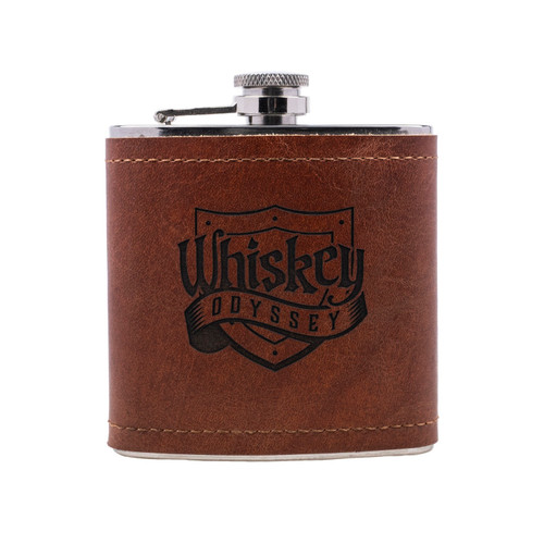Wholesale engraved 6 oz. Rustic Cognac Leather Flask customized with Whiskey Odyssey logo on a white background