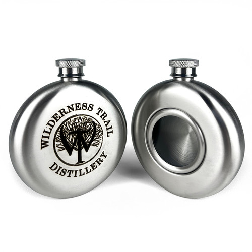5oz Port Hole Flask Engraved with Wilderness Trail Distillery Logo 5oz Port Hole Flask Engraved with Wilderness Trail Distillery Logo