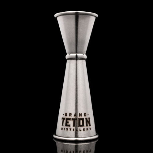 Wholesale engraved Premium Stainless Steel Japanese Jigger customized with Grand Teton Distilling logo on a black background