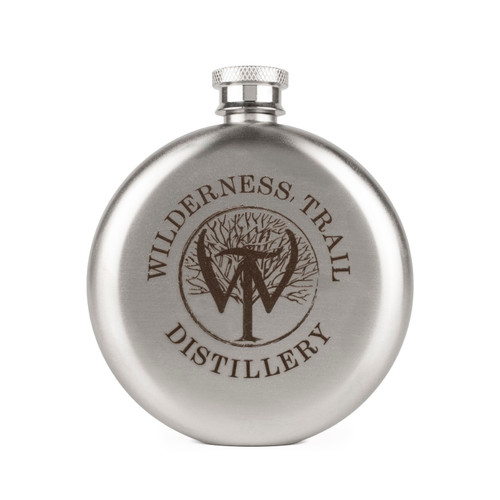 Wholesale engraved 5 oz. Sporran Flask customized with Wilderness Trail Distilling logo on a white background