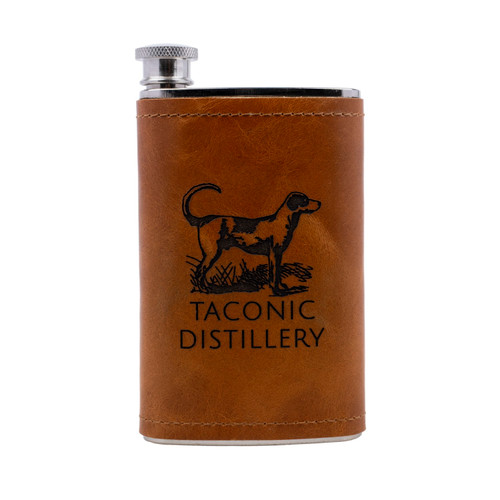 Wholesale 5 oz. Extra Aged Leather Field Flask customized with Taconic Distillery logo on a white background