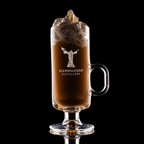 Wholesale engraved 8 oz. Irish Cream Mug customized with Glendalough Distillers logo on a black background
