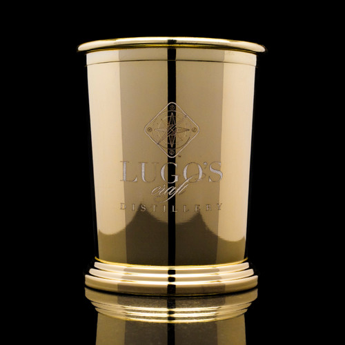 Wholesale engraved Gold Mint Julep Cup customized with Lugos Craft Distillery logo  on a black background