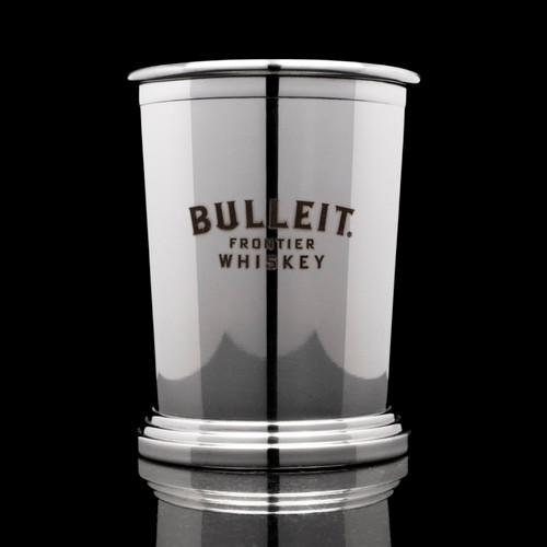 Wholesale engraved Copper Mint Julep Cup customized with Bulleit Frontier Whiskey logo  on a black background