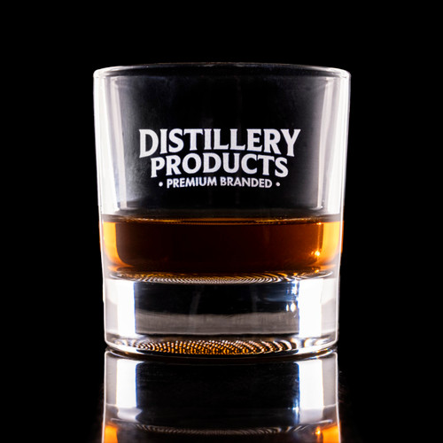 Wholesale engraved 10 oz. Opus Rocks Glass customized with Distillery Products logo on a black background