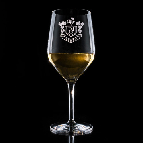 Wholesale engraved Stolzle 12.75 oz. Ultra White Wine customized with EJ Gallo logo on a black background
