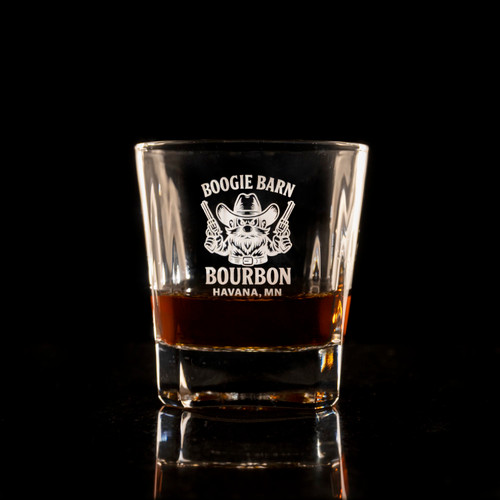 Wholesale engraved 10.5 oz Bardic Old Fashioned Rocks Glass customized with Boogie Barn Bourbon logo on a black background