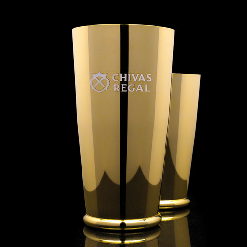 Wholesale engraved Gold Shaking Tin Set customized with Chivas Regal logo on a black background