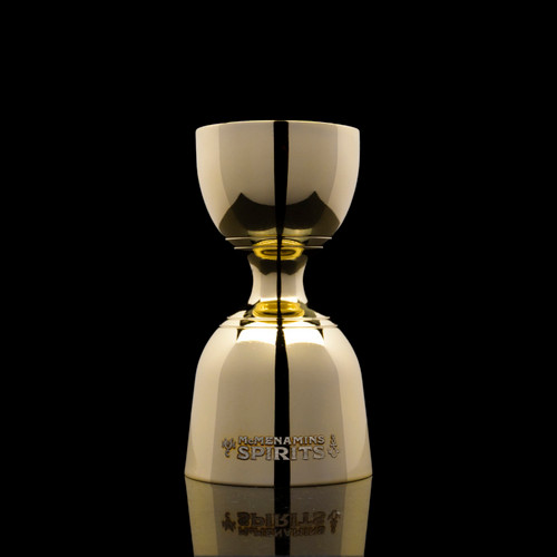 Wholesale engraved Gold Vintage Jigger customized with McMenamins Spirits logo on a black background