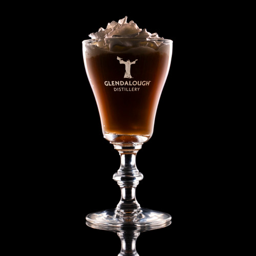 Wholesale engraved Georgian Irish Coffee Glass customized with Glendalough Distillers logo on a black background