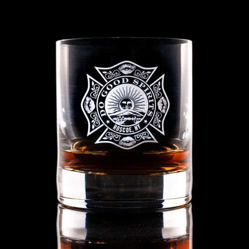 Wholesale engraved 11.25 oz. New York Bar Rocks customized with Do Good Spirits logo on a black background