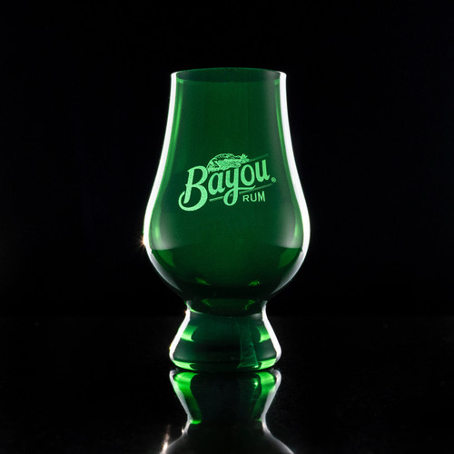 Wholesale engraved Green Glencairn blind tasting glass customized with Eagle Rare Whiskey logo on a black background