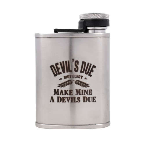 Wholesale engraved 6 oz. Stratoflask B.U.F.F. customized with Devils Due Distilling logo on a white background
