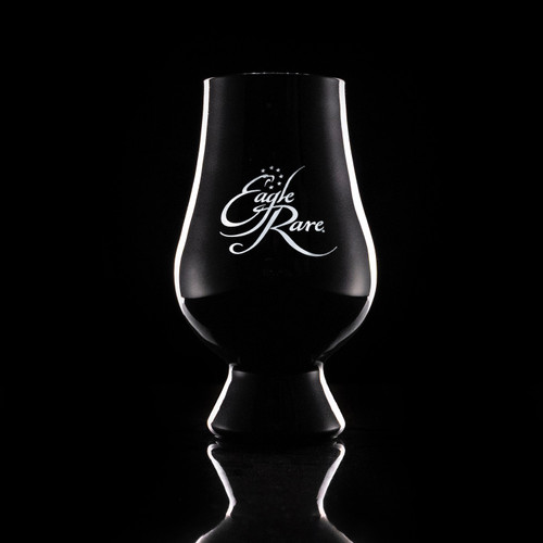 Wholesale engraved Black Glencairn blind tasting glass customized with Eagle Rare Whiskey logo on a black background