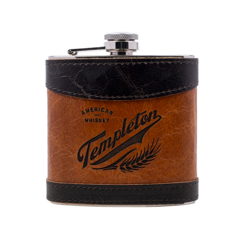 Wholesale engraved 6 oz. Espresso Double Aged Leather Flask customized with Templeton logo on a white background