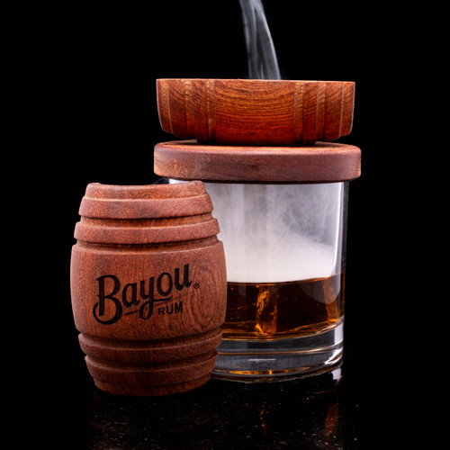 Wholesale engraved Barrel Cocktail Smoker customized with Bayou Rum logo on a black background