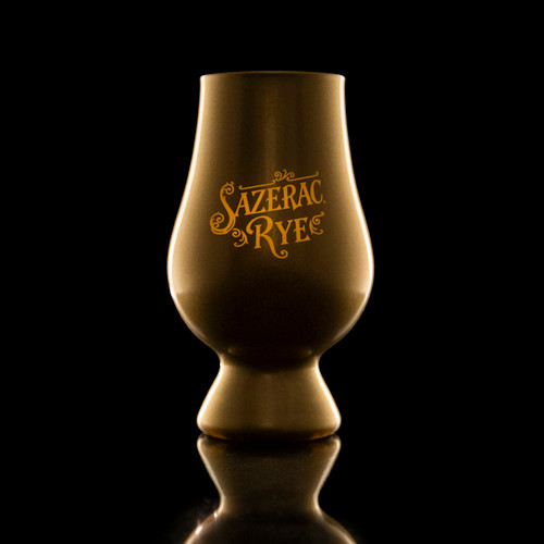 Wholesale engraved Gold Glencairn blind tasting glass customized with Eagle Rare Whiskey logo on a black background