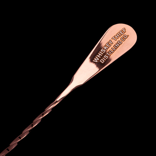 Wholesale engraved Copper Bar Spoon customized with Whiskey Thief Distilling logo on a black background