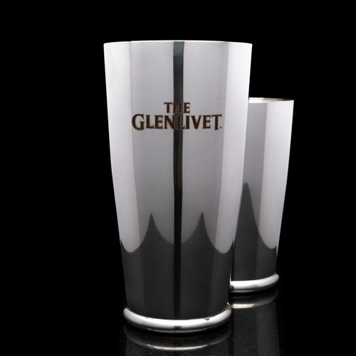 Wholesale engraved Polished Shaking Tin Set customized with The Glenlivet logo on a black background
