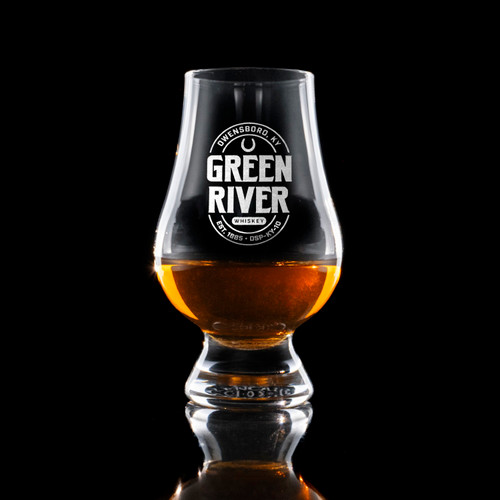 Wholesale engraved Glencairn Whisky Glass customized with Green River Whiskey logo on a black background