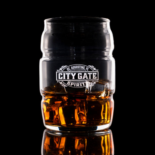 Wholesale engraved 16 oz. Barrel Glass customized with City Gate Spirits logo on a black background