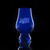 Wholesale engraved blue Glencairn blind tasting glass customized with The Sazerac House logo on a black background