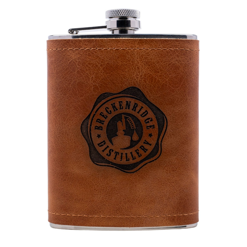 Wholesale engraved 8 oz. Extra Aged Leather Flask customized with Breckinridge Distilling logo on a white background