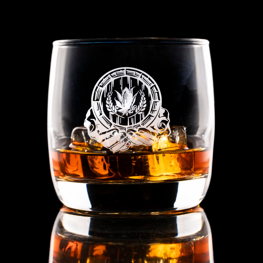 Wholesale engraved 10.5 oz. Classic Nordic Rocks Glass customized with Barrels 4 Hope logo on a black background