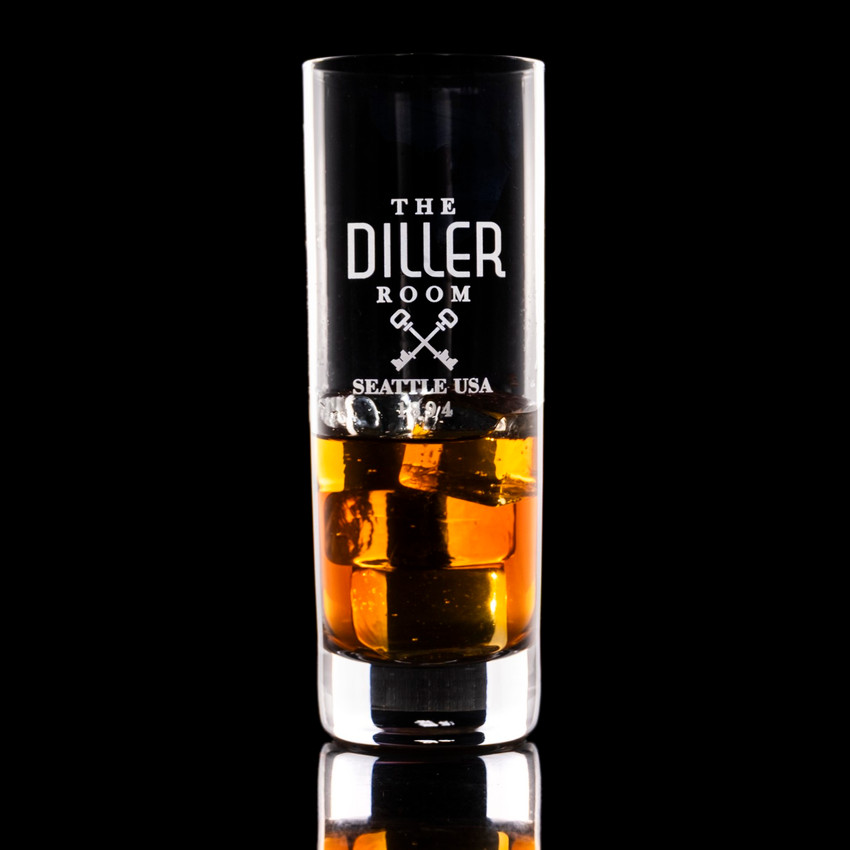 Wholesale engraved 11 oz. Stolzle New York Bar Collins Glass customized with The Diller Room logo on a black background