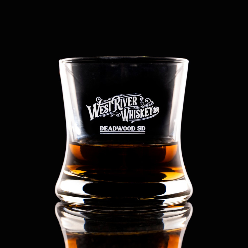 Wholesale engraved 8.5 oz. Samba Bourbon Glass customized with West River Whiskey logo on a black background