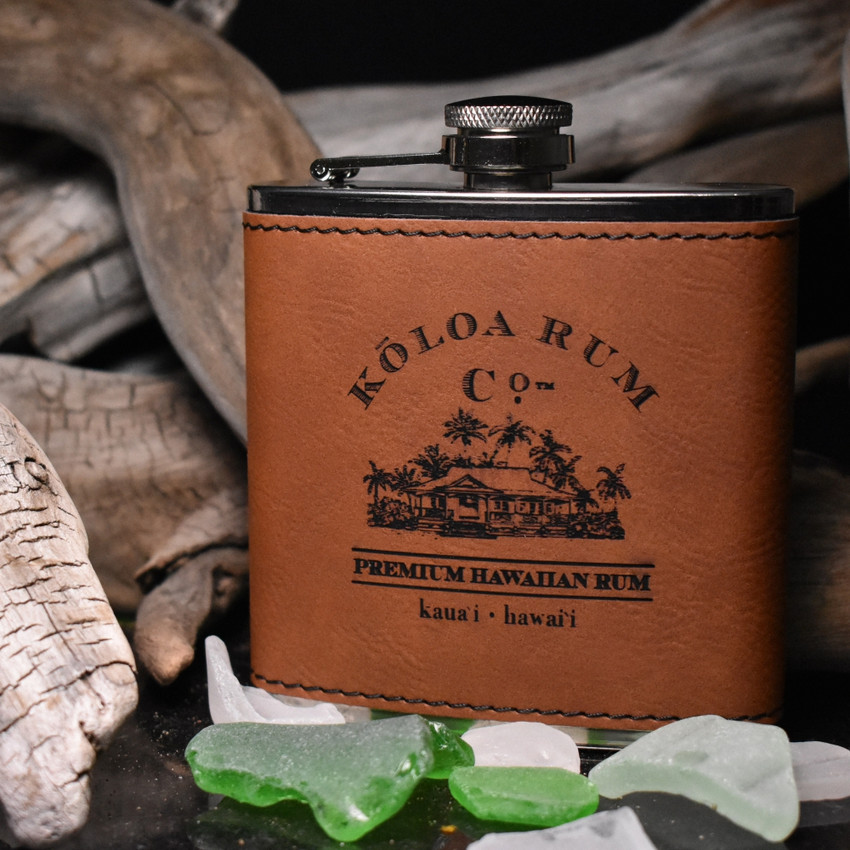 Wholesale engraved 6 oz. Rawhide Brown Ultrahyde Flask customized with Koloa Rum logo