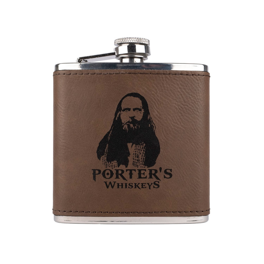 Wholesale engraved 6 oz. Rum Dark Brown Ultrahyde Flask customized with Porters Whiskey logo on a white background