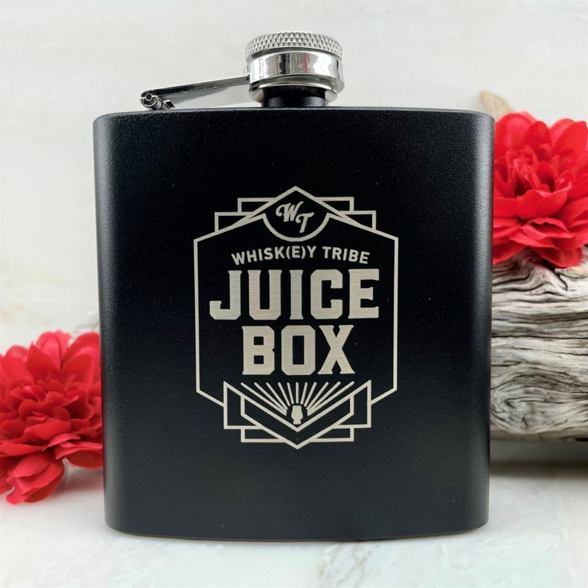 Wholesale engraved 6 oz. Jet Black Powder Coated Flask customized with Whiskey Tribe logo