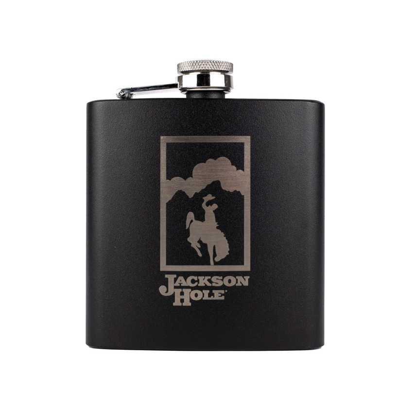 Wholesale engraved 6 oz. Jet Black Powder Coated Flask customized with Jackson Hole Resort logo on a white background