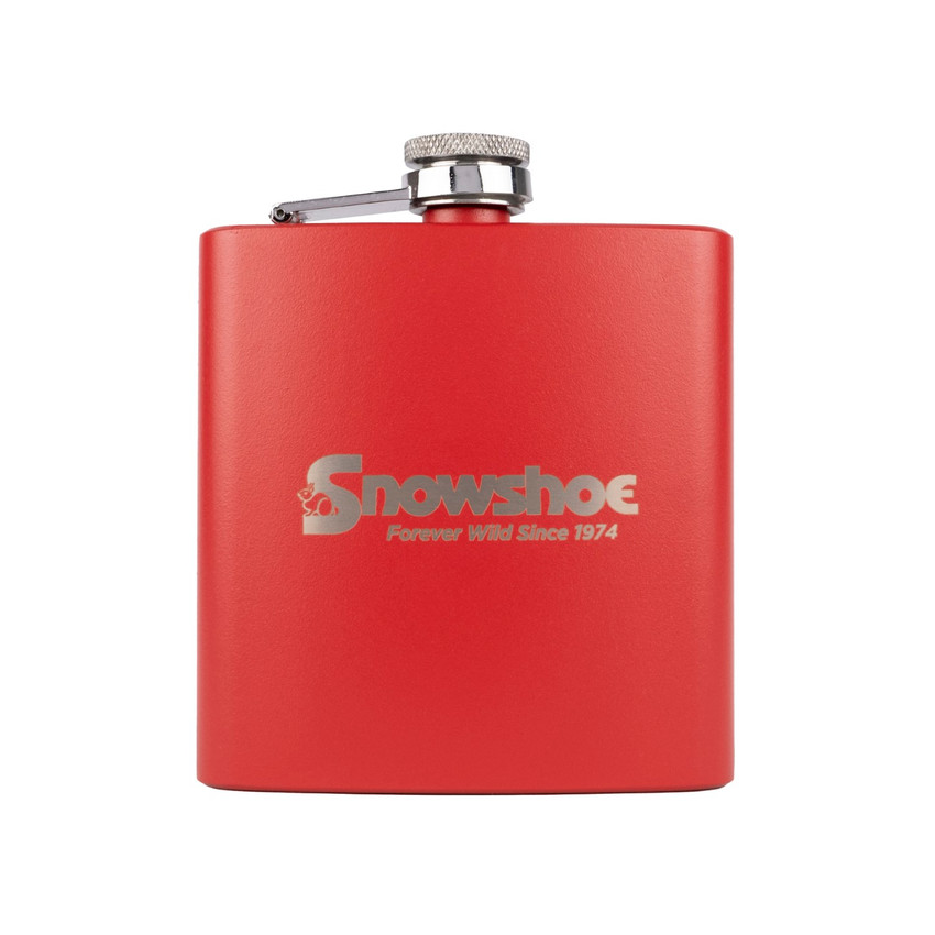 Wholesale engraved 6 oz. Ablaze Red Powder Coated Flask customized with Snowshoe Resort logo on a white background