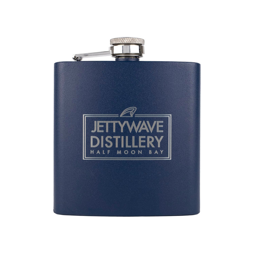 Wholesale engraved 6 oz. Navy Blue Powder Coated Flask customized with Jettywave Distillery logo on a white background