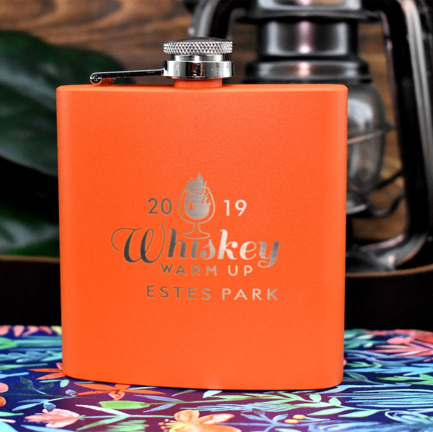 Wholesale engraved 6 oz. Orange Tangerine Flask customized with Estes Whiskey logo