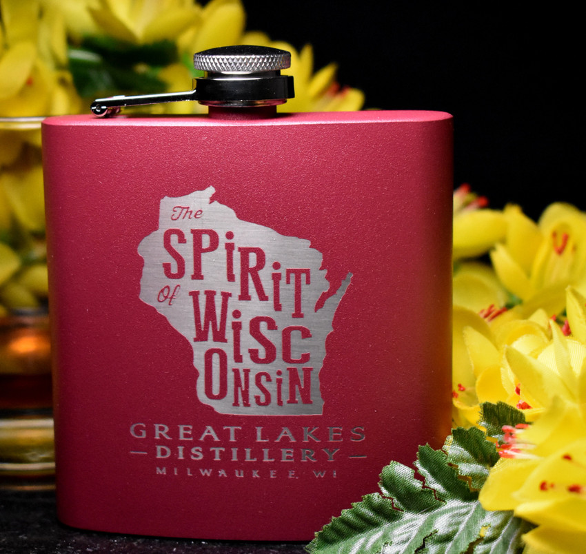 Wholesale engraved 6 oz. Maroon Powder Coated Flask customized with Great Lake Distillery logo