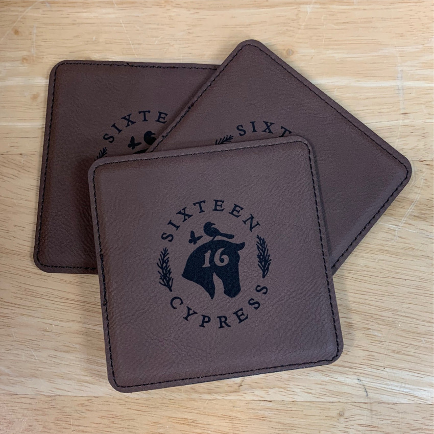 Wholesale engraved Rum Square Coaster customized with Sixteen Cypress logo