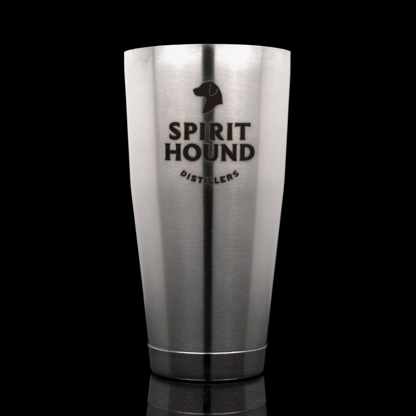 Wholesale engraved Premium Shaking Tin Set customized with Spirit Hound Distillers logo on a black background